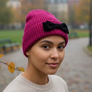 Kate Spade New York Pink Knit Beanie Velvet Bow Cuffed Winter Hat One Size